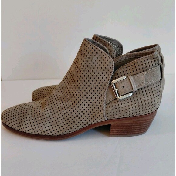 Sam Edelman Sz 7.5 Taupe Beige Suede Perforated Low Heel Paula Booties w/Buckle - Picture 3 of 8